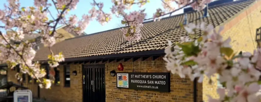 St Matthew's Church, Elephant & Castle, framed by cherry blossom
